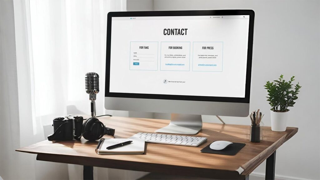 musician website contact page with fan and booking form