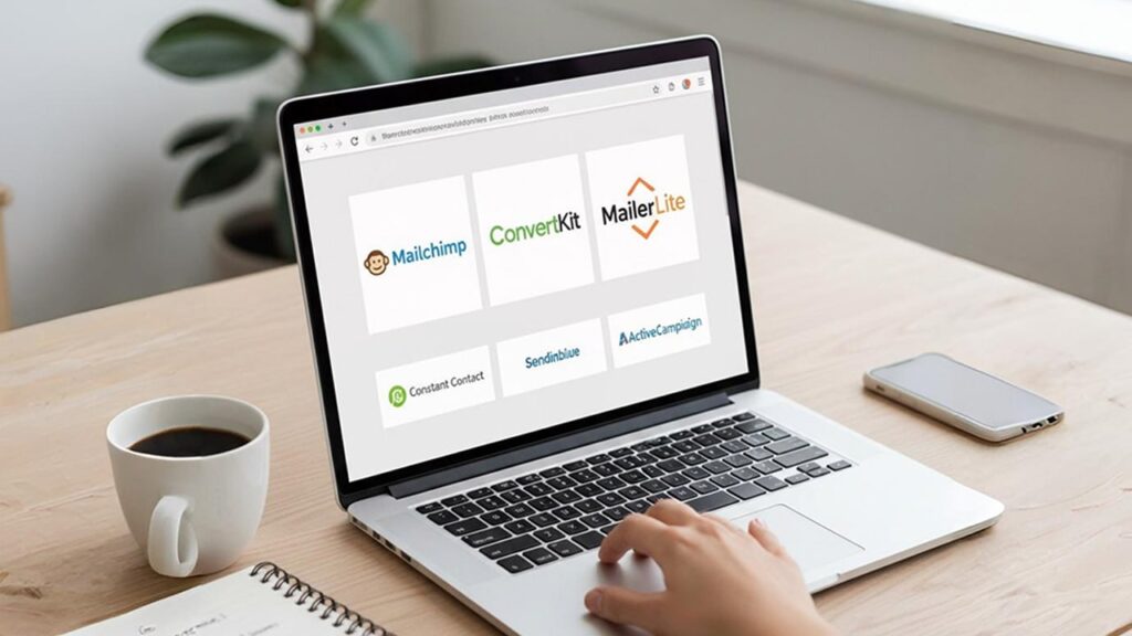 person choosing email marketing tools like Mailchimp and ConvertKit on laptop