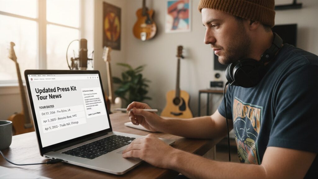 musician updating EPK with new info and sending link by email